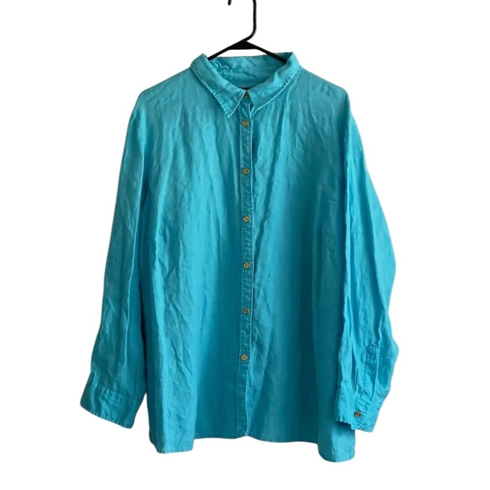 CHAPS Womens 3X Blue 100% Linen Button Up Shirt Gold Buttons Classic